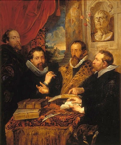 Peter Paul Rubens, Die vier Philosophen. (Rubens,Peter Paul,Florenz,Galleria Palatina,1577-1640,Peter Paul Rubens,17. Jahrhundert,Philosoph,Mann,Buch,Studium,Kragen,Halskrause,Gelehrter,Vorhang)