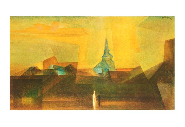 Lyonel Feininger, Nermsdorf (Häuser, Architektur, abstrakt, geometrische Konstruktion, Lichtschleier, kristallin, Wohnzimmer, Arztpraxis, Treppenhaus, Büro, Prismaismus, Klassische Moderne, bunt)