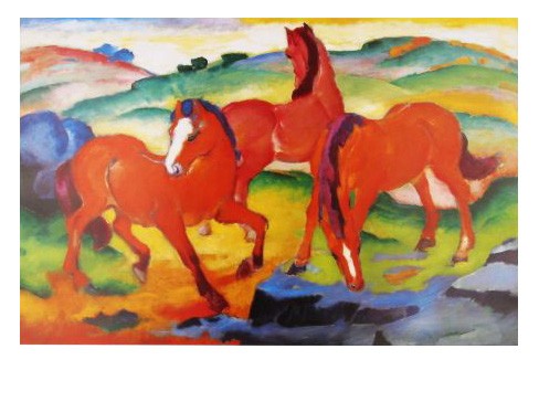 Franz Marc, Die roten Pferde (Malerei, Expressionismus, große Pferde, Tier, figurativ, Landschaft, Hügel, klassische Moderne, Wohnzimmer, Arztpraxis, Treppenhaus, rot / bunt)