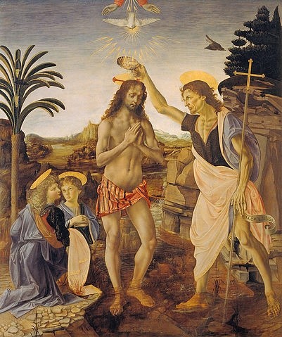 Leonardo da Vinci, Die Taufe Christi. 1469/1480. (Johannes der Täufer, Taufe, Jesus, Landschaft, Fluss, Heiliger Geist, Taube, Religion, Neues Testament, Landschaft, Schlafzimmer, Wohnzimmer, Wunschgröße, Renaissance, Malerei, Klassiker)