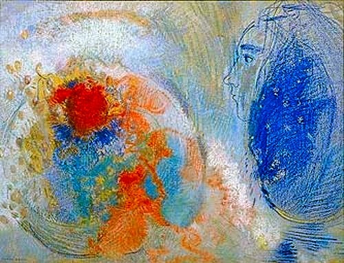 Odilon Redon, Nacht und Tag, 1908/1911 (Symbolismus, Figurativ, Frau, Profil, Erdkugel, Globus,    Treppenhaus, Wohnzimmer, Schlafzimmer, Wunschgröße, klassische Moderne, Malerei, bunt)
