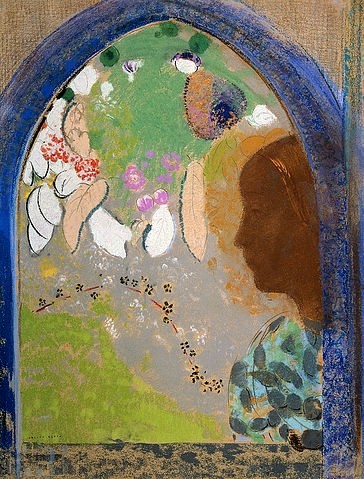 Odilon Redon, Frauenprofil im Fenster. 1903/08 (Symbolismus, Figurativ, Frau, Gesicht, Profil, Fenster, Fensterbogen,  Treppenhaus, Wohnzimmer, Wunschgröße, klassische Moderne, Malerei, bunt)