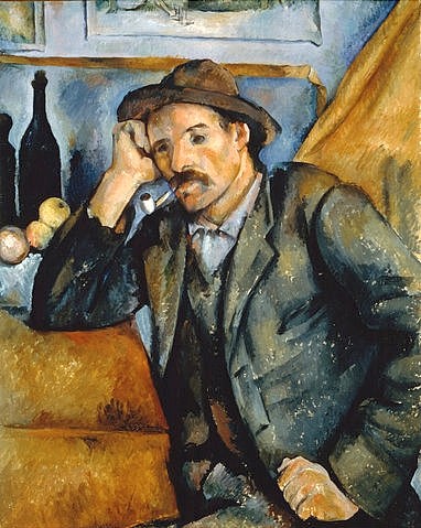 Paul Cézanne, Pfeifenraucher. 1890/1892 (Mann, sitzender, Mann, Pfeife, rauchen, nachdenklich, Hut, Schnurrbart, Flaschen,  Klassiker, Post-Impressionismus, Wunschgröße, Wohnzimmer)