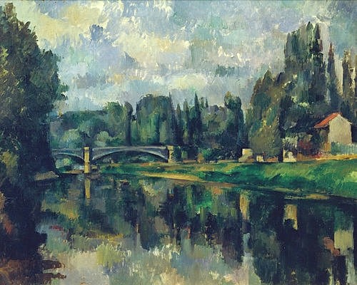 Paul Cézanne, An den Ufern der Marne. 1888/1895 (Landschaft, Frankreich, Dorf, Créteil, Marne, Fluss, Brücke, Flussufer, Spiegelung,  Klassiker, Impressionismus, Wunschgröße, Wohnzimmer)