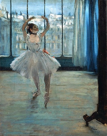 Edgar Degas, Tänzerin im Atelier. 1875 (Degas,Edgar,1834-1917,Moskau,Puschkin-Museum,Degas,Tänzerin,Impressionismus,grazil,Mädchen,Ballett,19. Jahrhundert,Blau,Balletttänzerin,Fenster,Studio, französischer impressionismus,französisch,impressionistisch)