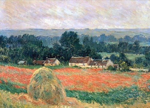 Claude Monet, Heuhaufen in Sommerlandschaft bei Giverny. 1886. (Monet,Claude,1840-1926,St. Petersburg,Eremitage,Öl auf Leinwand,Monet,Claude Monet,19. Jahrhundert,schober,getreideschober,heuschober,strohschober,Impressionismus,Giverny,Frankreich,Feld,Heu,Heuhaufen,Sommer,Mohn,Mohnblumen,Mohnfeld,Haus,Landschaft,Getrei)