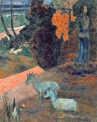 Paul Gauguin, TARARI MARURU. Landschaft mit zwei Ziegen. 1897 (Gauguin,Paul,1848-1903,St. Petersburg,Eremitage,Paul Gauguin,19. Jahrhundert,Tarari maruru,Landschaft,Ziege,Tahiti,Südsee)