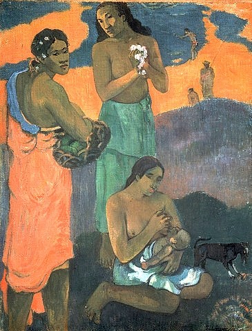 Paul Gauguin, Mutterschaft. Frauen am Meeres-Ufer. 1899 (Gauguin,Paul,1848-1903,St. Petersburg,Eremitage,Paul Gauguin,19. Jahrhundert,Mutterschaft,Frauen,Baby,Stillen,Hund,Tahiti,Südsee,Meer,Gruppe)