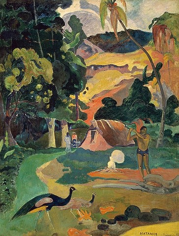 Paul Gauguin, MATAMOE (Tod). Landschaft mit Pfauen. 1892 (Gauguin,Paul,1848-1903,Moskau,Puschkin-Museum,Paul Gauguin,19. Jahrhundert,matamoe,Tod,Landschaft,Pfau,bunt,Haus)