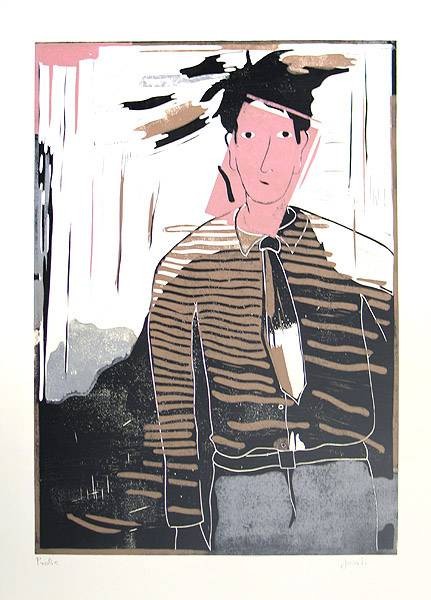 Josati  Person 1 (Linoldruck 2 Platten, 3 Farben, handsigniert) (Mann, Mensch, Person, modern, Grafik, Original, signiert, Wohnzimmer, bunt)