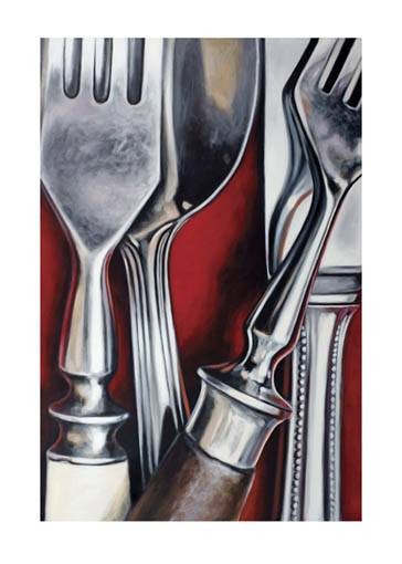 Boekhoff Klaus Besteck I (Pigmentdruck, handsigniert) (Besteck, Messer, Gabel, Fotorealismus, Original, signiert, Küche, Esszimmer, Gastronomie, bunt)