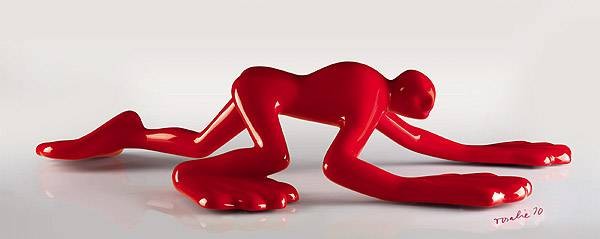 Rosalie  Der rote Flossi gedruckt (nummeriert, signiert) (Skulptur, Figur, kriechender Mann, rote Plastik, modern, Grafik, Wohnzimmer, Büro, Original, rot/weiß)