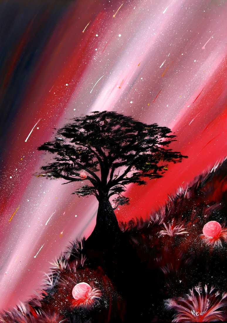 Conny Krakowski, Im Sternenhagel (Surrealismus, Traum, Magie, Esoterik, Baum, Traumbaum,Lebensbaum,Geburt,Leben,Sterben,Wege, Lebensweg, Phantasie,Fantasie,Realismus,Malerei,Gemläde,detaiiert,Traumbild,Traumlandschaft,Landschaftsmalerei,Träumerei,Wasserfall,Berge,Wolken,)