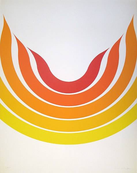Oehm Herbert Augenblick und Dauer 1967 (Siebdruck, handsigniert) (Abstrakt, Malerei, Bögen, Schwünge, Harmomnie, Parallelen, Original, Grafik, signiert, Wohnzimmer, Treppenhaus, Büro, gelb/orange)