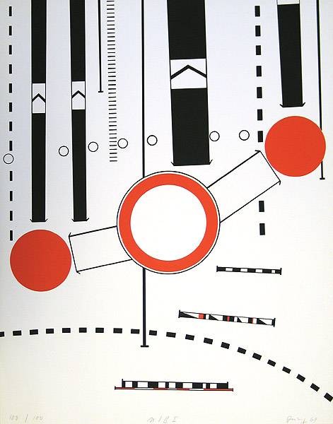 Brüning Peter Umleitung I (Siebdruck, handsigniert, nummeriert) (Grafik, abstrakt, Straße, Verkehr, Verkehrsschild, Durchfahrt, Verbot, Original, signiert, Fotokunst,  Treppenhaus, schwarz/weiß, rot)