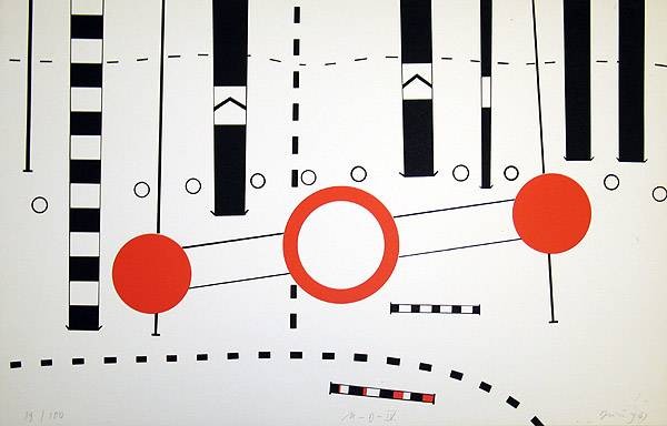Brüning Peter Umleitung IV (Siebdruck, handsigniert, nummeriert) (Grafik, abstrakt, Straße, Verkehr, Verkehrsschild, Durchfahrt, Verbot, Original, signiert, Fotokunst,  Treppenhaus, schwarz/weiß, rot)