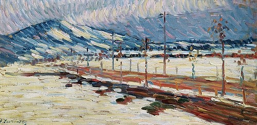 Alexej von Jawlensky, Brücke. (Landschaft,Winter,20. Jahrhundert,Öl auf Leinwand,1864-1941,Jawlensky,Alexej von,Privatbesitz,Alexej von Jawlensky,Russland,russisch,19. Jahrhundert,20. Jahrhundert,Expressionismus,impressionistisch,Brücke,Blauer Reiter,hell,Berg,Landschaft,Straße,Winter,)