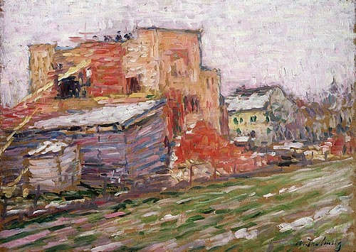 Alexej von Jawlensky, Straße und Häuser. 1905 (20. Jahrhundert,Öl auf Leinwand,Omsk,Staatl. Vrubel-Museum,1864-1941,Jawlensky,Alexej von,Alexej von Jawlensky,Russland,russisch,Expressionismus,Blauer Reiter,impressionistisch,Straße,Häuser,Haus,Duktus,Ductus,hell,Winter,Frühling,kalt,Kälte,Tauwetter,Sch)