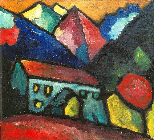 Alexej von Jawlensky, Haus im Gebirge. Um 1912 (20. Jahrhundert,Öl auf Leinwand,Moskau,Tretjakow-Galerie,1864-1941,Jawlensky,Alexej von,Alexej von Jawlensky,Russland,russisch,20. Jahrhundert,Expressionismus,expressionistisch,Haus,Gebirge,Konturlinie,Kontur,linear,geometrisch,märchenhaft,Berg,Berge,isol)