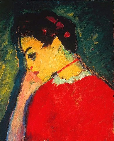 Alexej von Jawlensky, Frauenbildnis. 1909 (Jawlensky,Alexej von,1864-1941,Taschkent,Usbekisches Museum,Jawlensky,Alexej von Jawlensky,russisch,Blauer Reiter,19. Jahrhundert,20. Jahrhundert,Expressionismus,Russin,Frau,junge Frau,Bildnis,Porträt,Rot,schwarze Augen,nachdenklich,Traurigkeit,Blick nach)