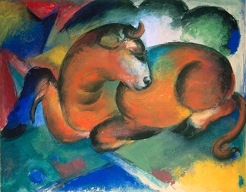 Franz Marc, Roter Stier. 1912 (Marc,Franz,1880-1916,Moskau,Puschkin-Museum,Franz Marc,20. Jahrhundert,Expressionismus,Blauer Reiter,Rot,Stier,Tier,abstrakt,expressiv,Blau,Grün,bunt,Hufe,Natur,romantisch,Philosophie,Reinheit,spirituell,Symbol,Farbe,kristallin,Deutschland,deutsch)