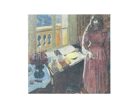 Pierre Bonnard, The Bowl of Milk, 1919 (Offset) (Innenraum,  Ausblick, Frau, Frühstück, Milchschale, Esszimmer, Wohnzimmer, Intimismus, Impressionismus, Klassische Moderne, bunt)