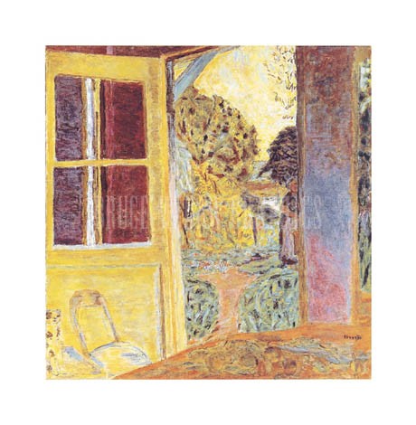 Pierre Bonnard, Zum Garten geöffnete Tür, 1924 (Offset) (Ausblick, Terrassentür, Natur, Garten, Bäume,  Sommer, Malerei, Post-Impressionismus, Arztpraxis, Wohnzimmer, Klassische Moderne, bunt)