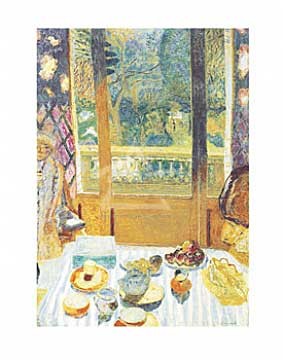 Pierre Bonnard, Frühstücksraum, 1930 (Offset) (Stillleben, gedeckter Tisch, Frühstück, Ausblick, Fenster, Terrasse, Garten, Post-Impressionismus,  Wohnzimmer, Esszimmer, Klassische Moderne, bunt)