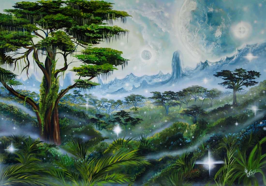 Conny Krakowski, In einer anderen Welt (Surrealismus, Traum, Magie, Esoterik, Baum, Traumbaum,Lebensbaum,Geburt,Leben,Sterben,Wege, Lebensweg, Phantasie,Fantasie,Realismus,Malerei,Gemläde,detaiiert,Traumbild,Traumlandschaft,Landschaftsmalerei,Träumerei,Wasserfall,Berge,Wolken,)