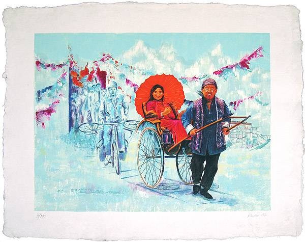 Kudor Csilla Einzug in Lhasa, 2007 (30) (Radierung, handsigniert, nummeriert) (Tibet, Rikscha, Transport, Karre, Fest, Feier, Freude, Asien, Original, Radierung, signiert, Wohnzimmer, Treppenhaus, bunt)