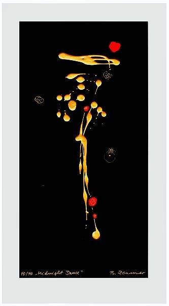 Zeumer Brigitta Midnight Dance Gold (übermalte Grafik, handsigniert, num.) (Abstrakt, Abstrakte Kunst, Farbflecken, abstrakte Formen, Linien, Kleckse, modern, zeitgenössisch, signiert, Original, Büro, Wohnzimmer, Malerei, bunt)