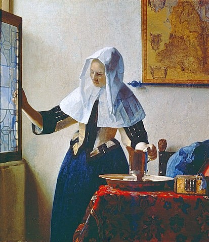 Jan Vermeer van Delft, Junge Frau mit Wasserkrug am Fenster. Um 1663 (New York,Metropolitan Museum,Vermeer van Delft,Jan,1632-1675,Fenster,Vermeer van Delft,niederlande,17. Jahrhundert,Vermeer,Landkarte,Frau,junge Frau,Jung,Dienstmädchen,Wasserkrug,Barock,Tischdecke)