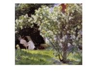 Peder Severin Kroyer, Havepartie Med Marie (Offset) (Klassiker, Malerei, Impressionismus, Licht, Schatten, Reflexion, Leuchtkraft, Frau, Sommer, Garten, Busch, Strauch, Rosen, Blüten, Liegestuhl, Zeitung, bunt)