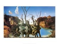 Salvador Dali, Swan Reflecting Elephants (Malerei, Surrealismus, Schwäne, Elefanten, See, Reflexionen, Trugbild, Klassische Moderne, Fantasie, Wohnzimmer, Treppenhaus,  bunt)