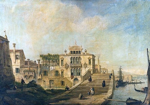 Canaletto (Giovanni Antonio Canal), Ansicht einer venezianischen Brücke. (Canaletto (Giovanni Antonio Canal),1697-1768,Städel Museum,Frankfurt am Main,Öl auf Leinwand,Copyright Horst Ziegenfusz,Canaletto,Giovanni Antonio Canal,18. Jahrhundert,Venedig,venezianisch,Brücke,Architektur,Haus,Gebäude,Ansicht,Kanal,italienisch,Gondel,)