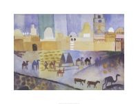 August Macke, Kairouan I (klein) (Offset) (Malerei, Expressionismus, Orient, Tunesien, Landschaft, Kamele, Architektur, Stadt, Tunisreise, Afrika, Wohnzimmer, Treppenhaus, Arztpraxis, Klassische Moderne, bunt)