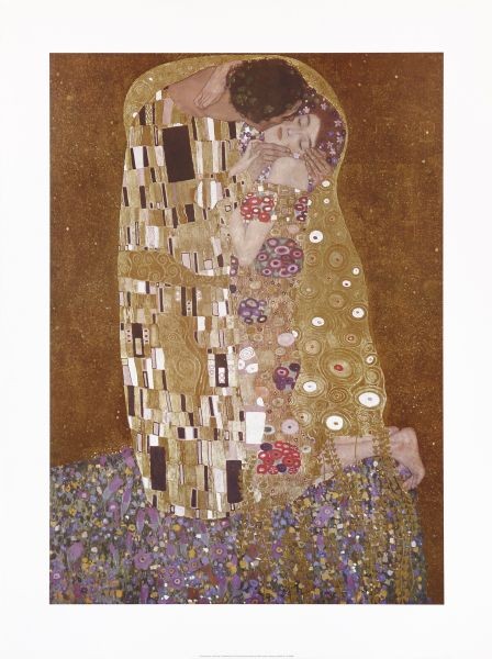 Gustav Klimt, Der Kuss (Klassische Moderne, dekorativ, Jugendstil, Eros&People, Frau, Mann, Umarmung, Erotik, Ornamente, geometrische Formen, bunt, Wohnzimmer, Treppenhaus, Schlafzimmer, Malerei)