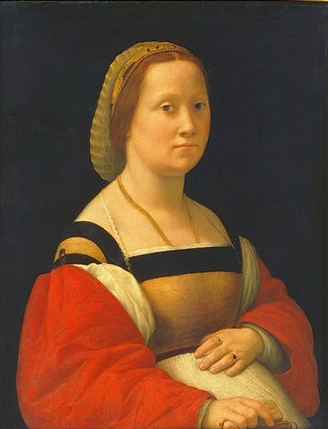 Raffael (Raffaello Sanzio), Damenbildnis 'La gravida'. Um 1505-07 (Renaissance,16. Jahrhundert,Öl auf Holz,Florenz,Palazzo Pitti,1483-1520,Raffael (Raffaello Sanzio),Raffael,Raffaello Santi,Sanzio,16. Jahrhundert,italienisch,Renaissance,Hochrenaissance,Italienerin,Bildnis,Porträt,Frau,Dame,La gravida,Schwangere,schwanger)