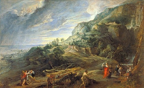 Peter Paul Rubens, Odysseus auf der Insel Feaci. (Rubens,Peter Paul,1577-1640,Florenz,Palazzo Pitti,Peter Paul Rubens,16. Jahrhundert,17. Jahrhundert,flämischer Barock,Barock,Mythologie,Antike,antik,Landschaft,Panorama,Ausblick,Aussicht,Berge,Hügel,Wasserfall,Burg,Wolken,Meer,Insel,Feaci,Odysseus,Wagen,K)