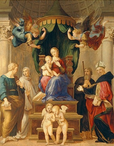 Raffael (Raffaello Sanzio), Die Madonna unter dem Baldachin (Madonna del Baldacchino). 1507/08 (Religion,Renaissance,16. Jahrhundert,Öl auf Holz,Florenz,Palazzo Pitti,1483-1520,Raffael (Raffaello Sanzio),Raffael,Raffaello Santi,15. Jahrhundert,Renaissance,Hochrenaissance,italienisch,16. Jahrhundert,Madonna,Maria,Jungfrau,Kind,Christkind,Christus,Jes)