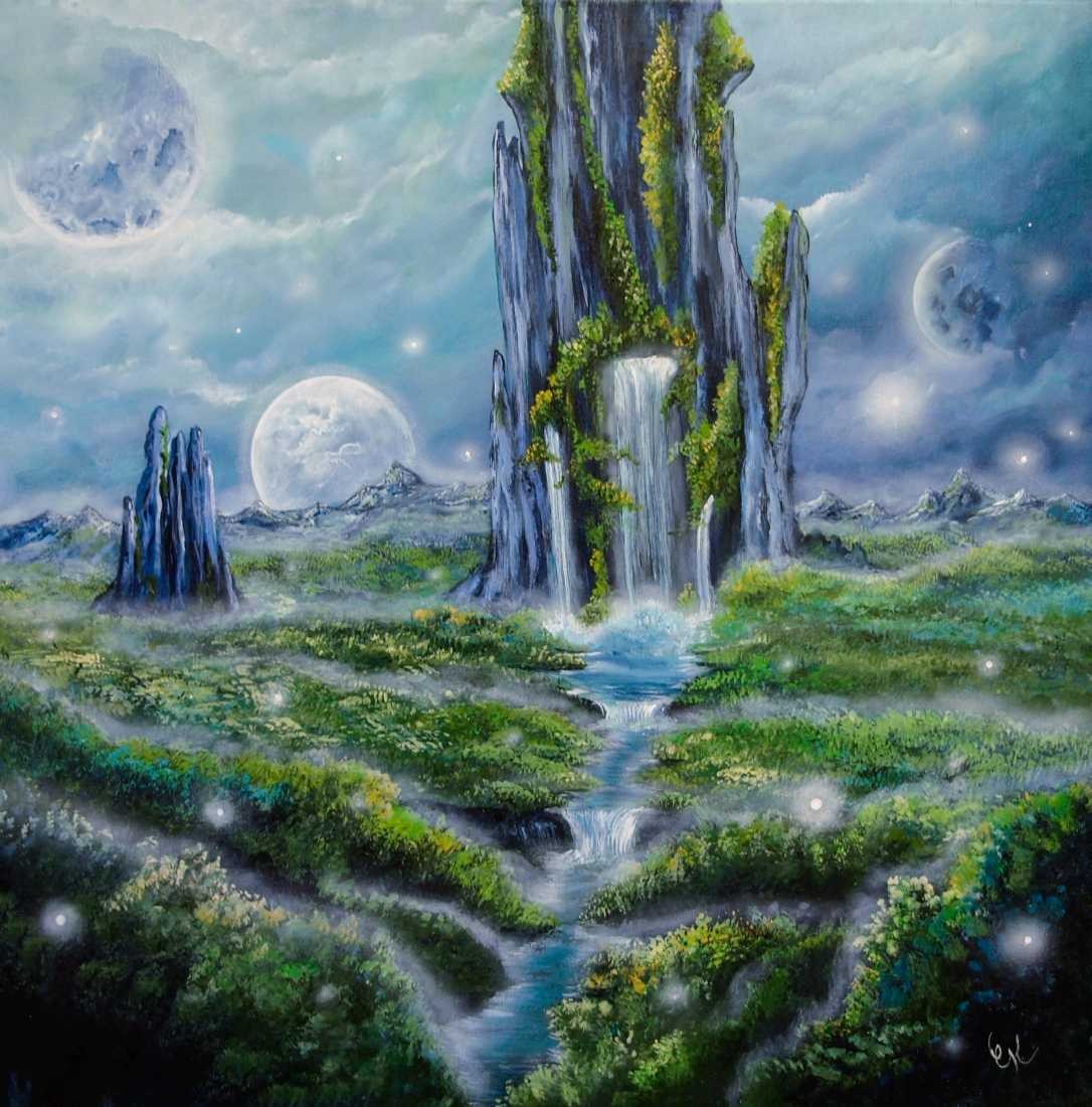 Conny Krakowski, In space (Surrealismus, Traum, Magie, Esoterik, Baum, Traumbaum,Lebensbaum,Geburt,Leben,Sterben,Wege, Lebensweg, Phantasie,Fantasie,Realismus,Malerei,Gemläde,detaiiert,Traumbild,Traumlandschaft,Landschaftsmalerei,Träumerei,Wasserfall,Berge,Wolken,)