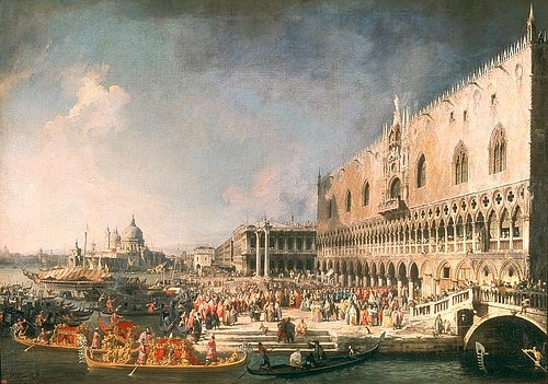 Canaletto (Giovanni Antonio Canal), Der Empfang des französischen Gesandten in Venedig. 1725/26 (Canaletto (Giovanni Antonio Canal),1697-1768,St. Petersburg,Eremitage,Öl auf Leinwand,Foto: Artothek,Canaletto,Giovanni Antonio Canal,18. Jahrhundert,Venedig,Italien,Dogenpalast,Palast,Empfang,Gesandter,Gondoliere,Gondel,Besuch,Besucher,Zeremonie,Staatsem)