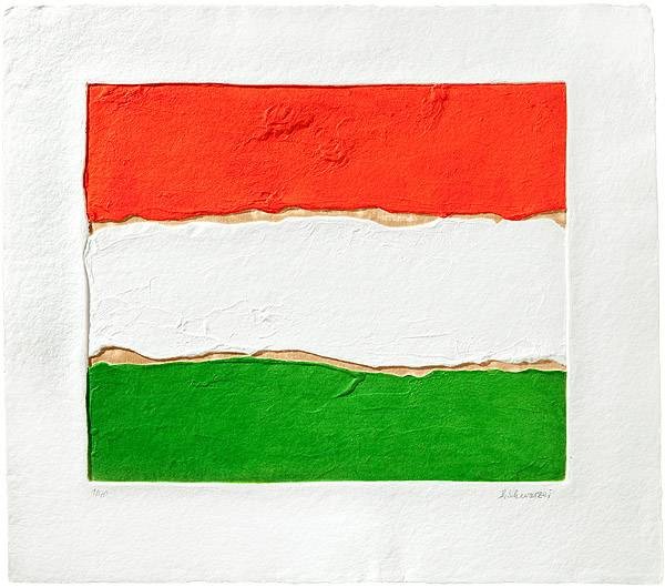 Schwarzer Bernd Ungarn (Aquagravure, handsigniert, nummeriert) (Flagge, abstahiert, Pinselspuren, Farbverlauf, Original, signiert, Grafik, Treppenhaus, Wohnzimmer)