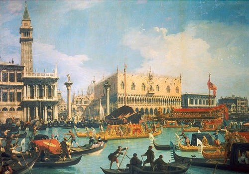 Canaletto (Giovanni Antonio Canal), Die Rückkehr des Bucentaurus zum Dogen-Palast. (Canaletto (Giovanni Antonio Canal),1697-1768,Moskau,Puschkin-Museum,Öl auf Leinwand,18. Jahrhundert,Canaletto,Giovanni Antonio Canal,Bucentaurus,Dogen Palast,Rückkehr,Venedig,Gondoliere,Italien,18. Jahrhundert,Gondel)