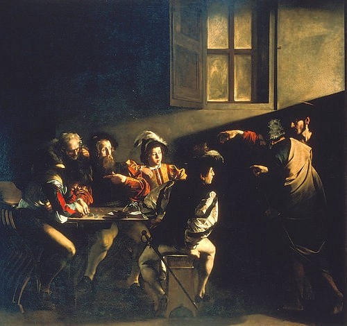 Michelangelo Merisi da Caravaggio, Die Berufung des Hl. Matthäus. 1599/1600 (Zöllner, Zollhaus, Geld, Männer, Apostel, Jünger, Jesus, Barock, hell-dunkel, Klassiker, Malerei, Wunschgröße, Wohnzimmer)