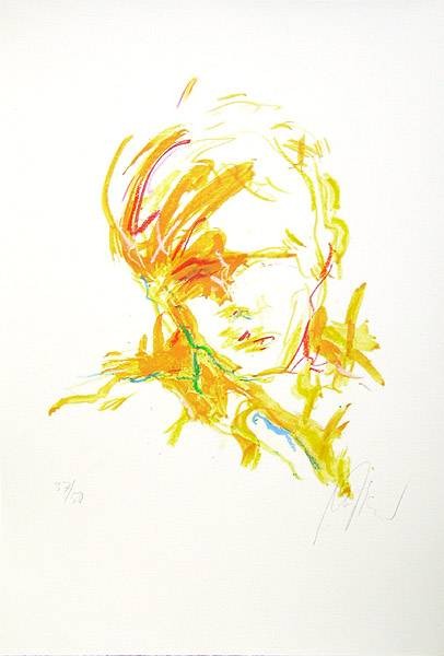 Fischer Manfred Kleiner Kopf Gelb-Rot (30) (Übermalung auf Digitaldruck) (Kopf, Gesicht, Portrait, schemenhaft, modern, Malerei, Treppenhaus, Original, gelb/rot)