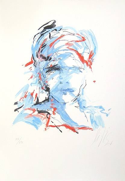 Fischer Manfred Kleiner Kopf Hell-Blau (30) (Übermalung auf Digitaldruck) (Kopf, Gesicht, Portrait, schemenhaft, modern, Malerei, Treppenhaus, Original, hellblau/rot)