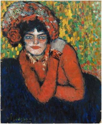 Picasso Pablo Margot, 1901 (Frequenzmoduliertes Druckverfahren) (Klassische Moderne, Malerei,  Frau, Portrait, Kopfschmuck, Sitzende, Treppenhaus, Wohnzimmer, bunt)