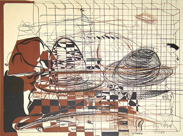 Roth Dieter Schweiz Hutsalat (30) (Lithografie, handsigniert, nummeriert) (Moderne Malerei, Grafik, Küche, Koch, Hüte, geometrische Muster, skurril, Original, signiert, rot/schwarz/weiß)