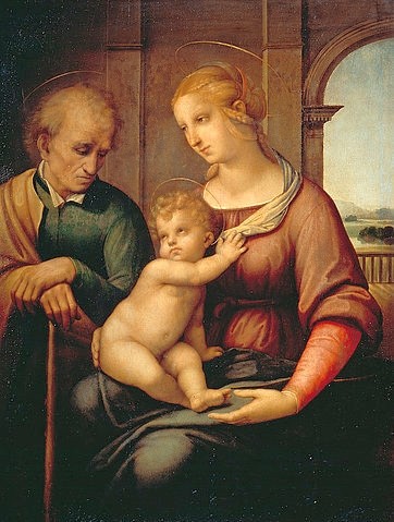 Raffael (Raffaello Sanzio), Die Hl. Familie. 1506 (Raffael (Raffaello Sanzio),1483-1520,St. Petersburg,Eremitage,Raffael,Raffaello Sanzio,Heilige Familie,Maria,Joseph,Kind,16. Jahrhundert)
